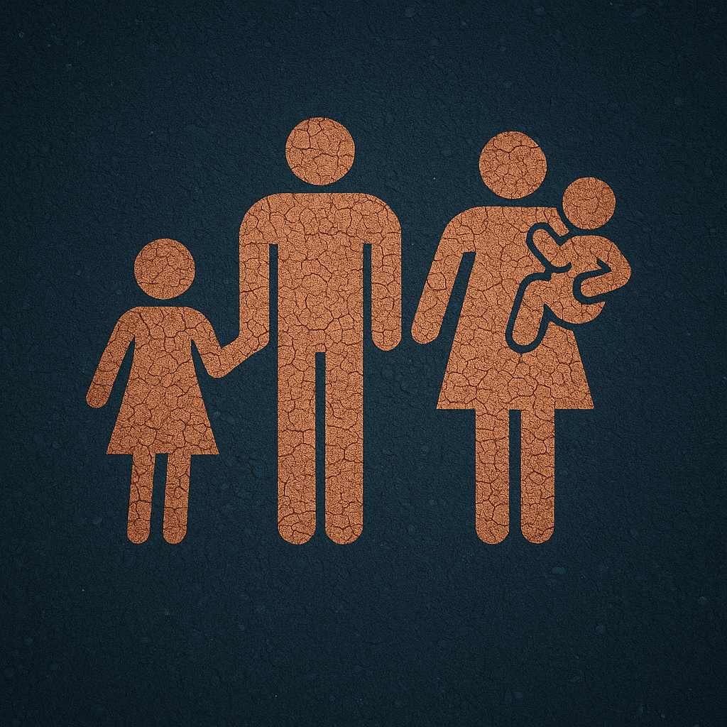 Illustration symbolique d’une famille – un couple avec deux enfants, représentant le lien conjugal et parental