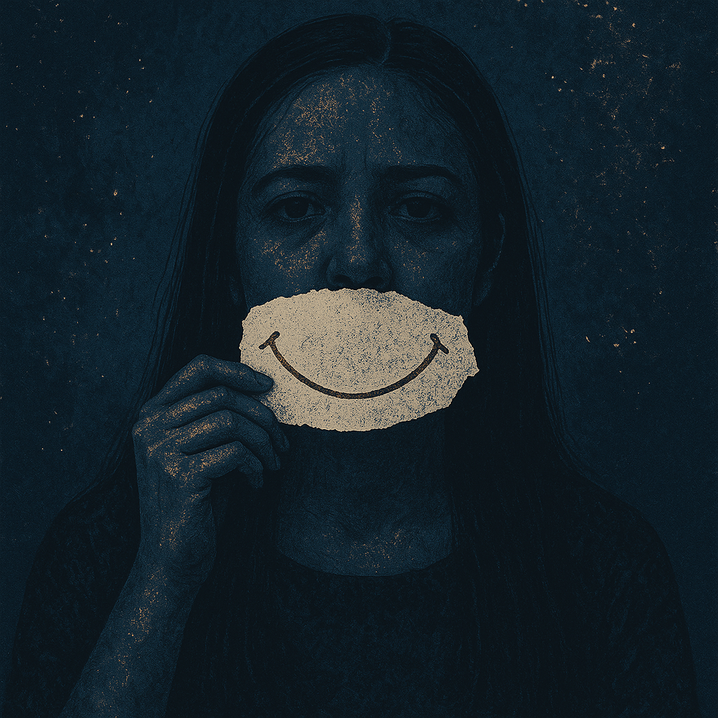 Femme tenant un sourire dessiné pour cacher sa tristesse, symbolisant la difficulté à exprimer ses émotions.