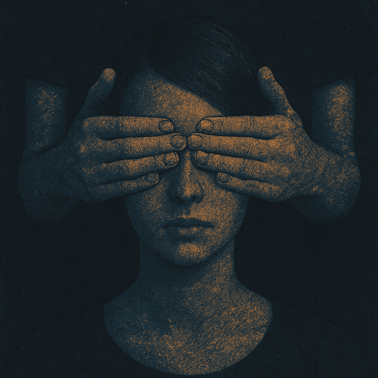 Femme aux yeux couverts par deux mains, métaphore de l’empêchement à voir sa propre réalité.