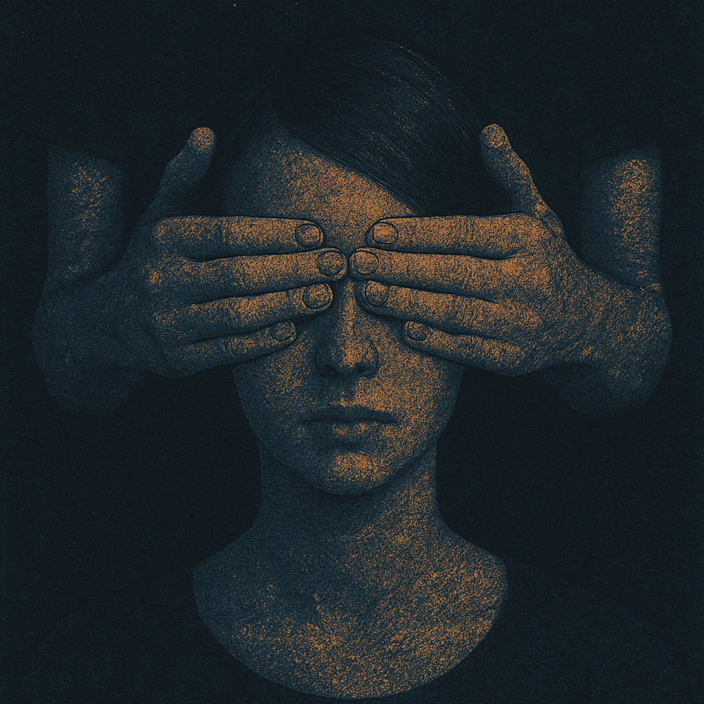 Femme aux yeux couverts par deux mains, métaphore de l’empêchement à voir sa propre réalité.
