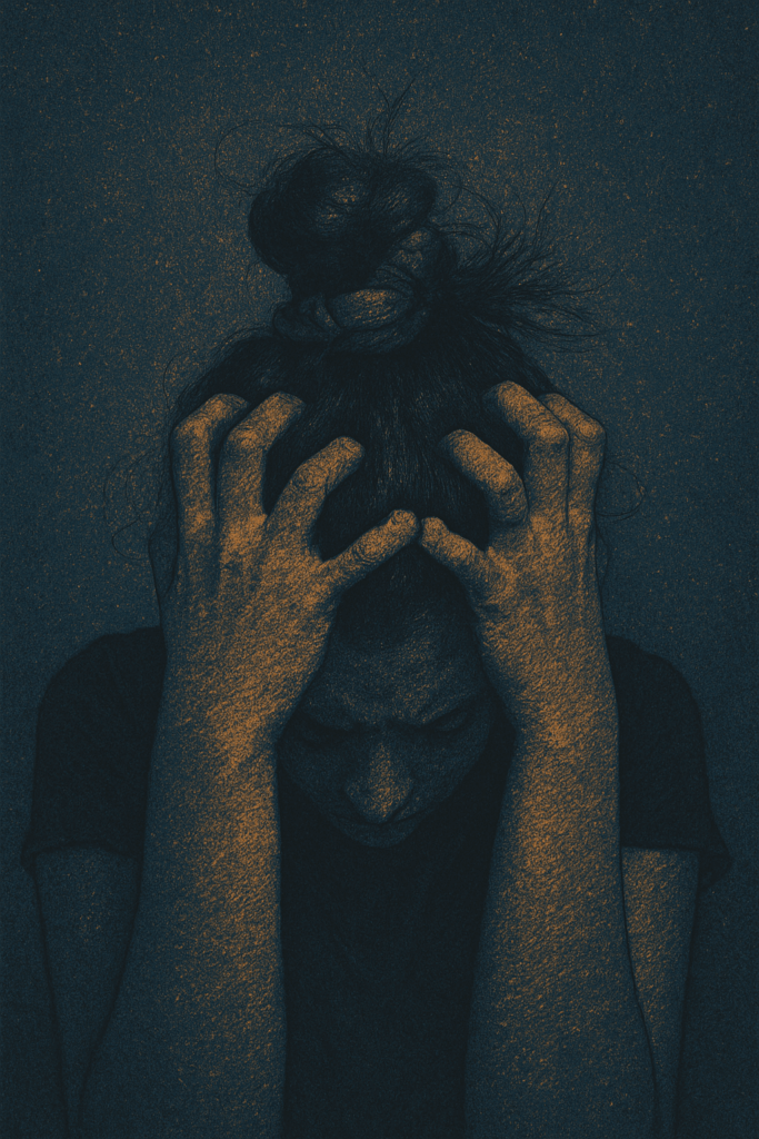 Femme en détresse, la tête entre les mains, représentant l’anxiété et la souffrance psychique.