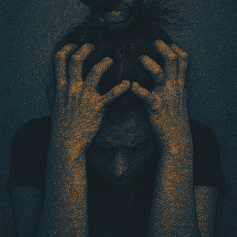 Femme en détresse, la tête entre les mains, représentant l’anxiété et la souffrance psychique.