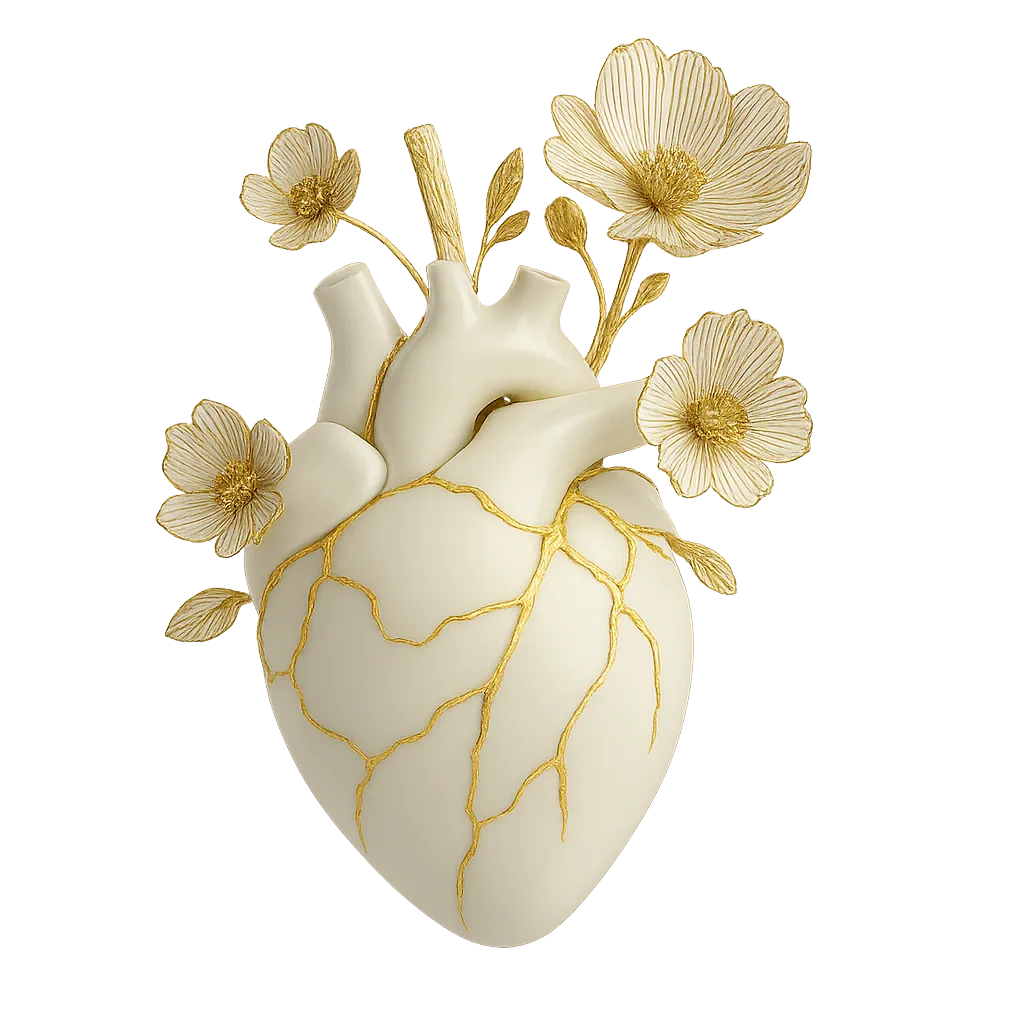 Cœur en porcelaine et fleurs dorées - HEURIPSY, thérapie relationnelle et conjugale Illustration symbolique d’un cœur blanc en porcelaine avec des veines dorées et des fleurs, représentant la reconstruction et la beauté des relations en thérapie HEURIPSY