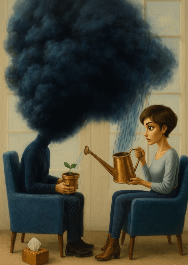 Illustration poétique d'une séance thérapeutique où la noirceur intérieure se transforme en espace de croissance et de résilience.