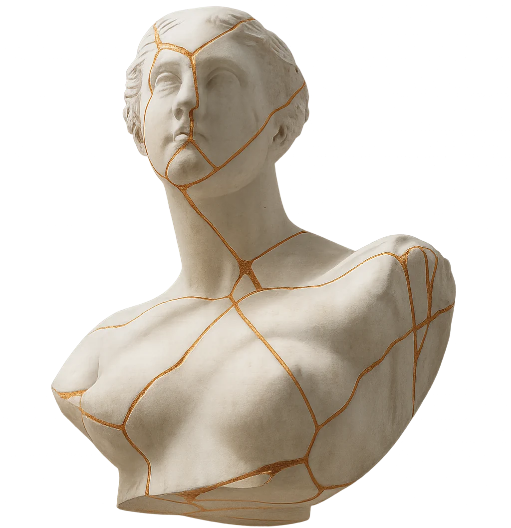 Psychothérapie individuelle à La Brède : buste en porcelaine aux fissures réparées à l’or (kintsugi)
