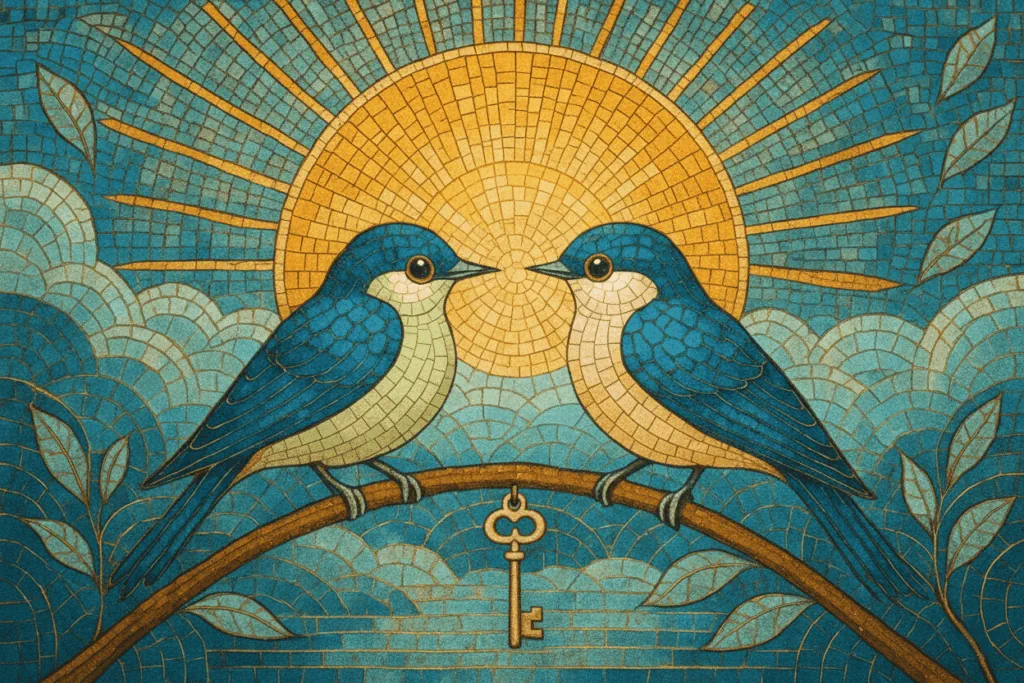 Thérapie de couple Saint-Selve et Landiras- Retrouver la clé de votre relation HEURIPSY Deux oiseaux bleus se faisant face sur une branche, avec une clé entre eux et un soleil en mosaïque en arrière-plan, symbolisant la thérapie de couple et la relation amoureuse.