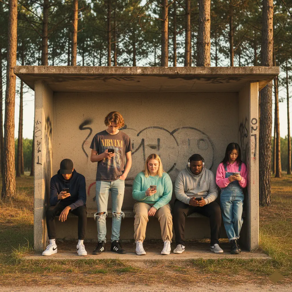 Adolescents connectés - Thérapie relationnelle Heuripsy La Brède Cinq adolescents absorbés par leur smartphone à un arrêt de bus, chacun dans une posture différente, illustrant la déconnexion et la recherche de repères – thérapie relationnelle pour adolescents à La Brède et Saint-Selve, Heuripsy.