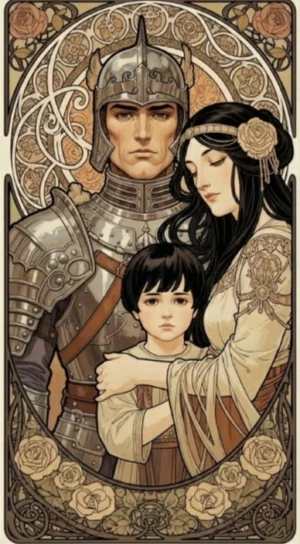 Illustration d’un couple parental en tension, un père en armure, une mère protectrice et un enfant entre eux, symbolisant les conflits liés à la parentalité.