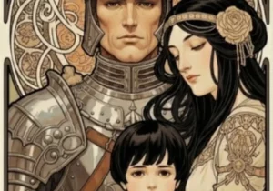 Illustration d’un couple parental en tension, un père en armure, une mère protectrice et un enfant entre eux, symbolisant les conflits liés à la parentalité.