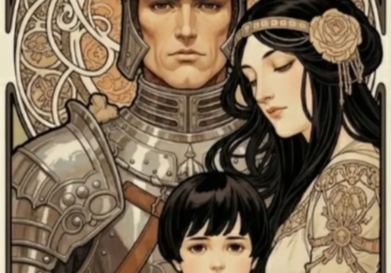 Illustration d’un couple parental en tension, un père en armure, une mère protectrice et un enfant entre eux, symbolisant les conflits liés à la parentalité.