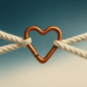 Cœur en métal relié par deux cordes nouées, symbole de l’attachement en couple, de la dépendance affective et du lien relationnel.