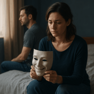 Femme triste tenant un masque souriant assise sur un lit, symbolisant la suradaptation en couple et le fait de s’oublier dans la relation.