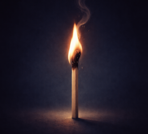 Allumette en train de brûler dans l’obscurité avec une flamme cuivrée sur fond bleu nuit, symbole d’une attirance amoureuse intense qui s’enflamme puis disparaît rapidement.