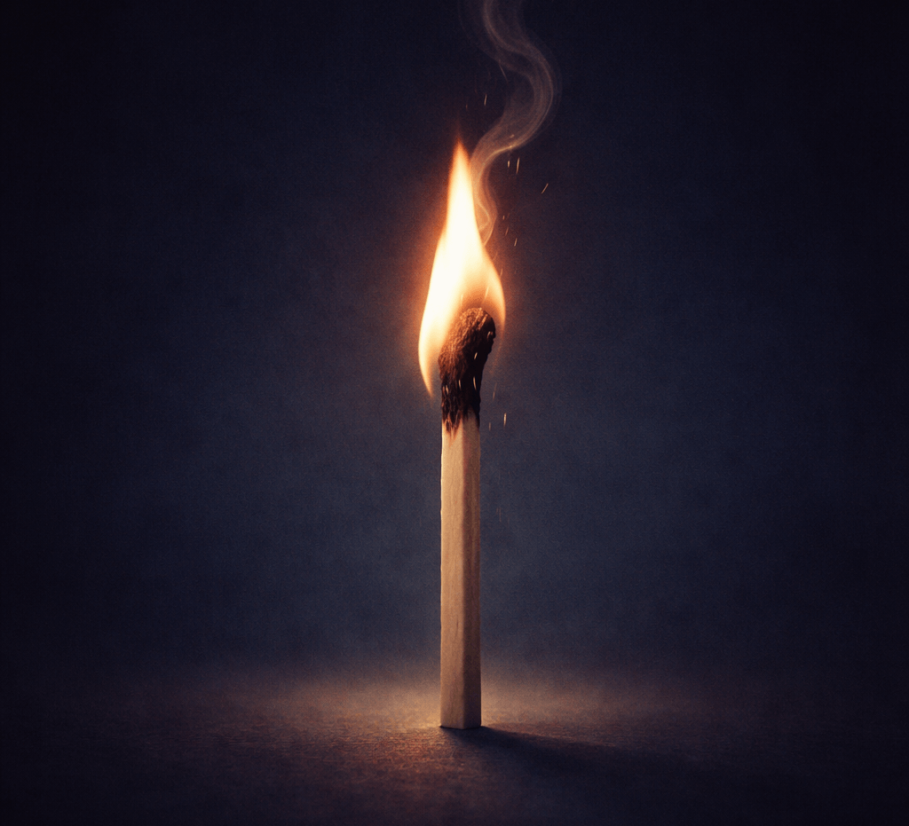 Allumette en train de brûler dans l’obscurité avec une flamme cuivrée sur fond bleu nuit, symbole d’une attirance amoureuse intense qui s’enflamme puis disparaît rapidement.