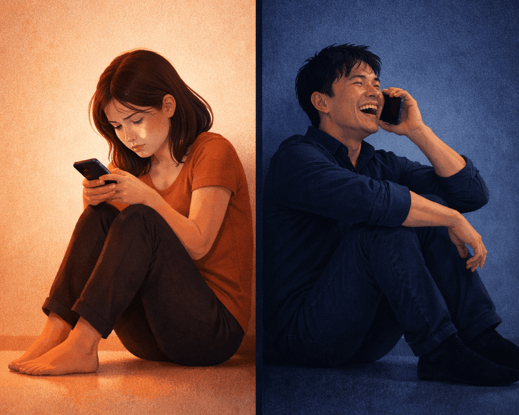 Homme riant au téléphone tandis qu'une femme regarde son smartphone avec désespoir, illustration symbolisant l'asymétrie émotionnelle dans une relation amoureuse