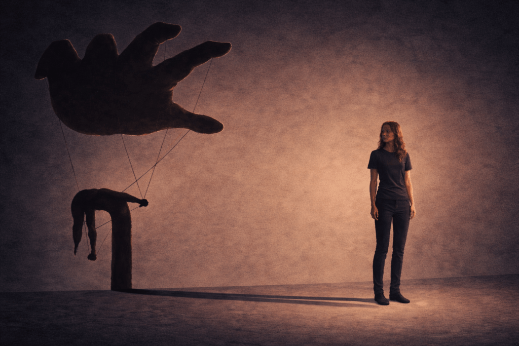 Illustration d’une relation toxique avec une personne manipulée comme une marionnette par une main invisible, observée par une femme