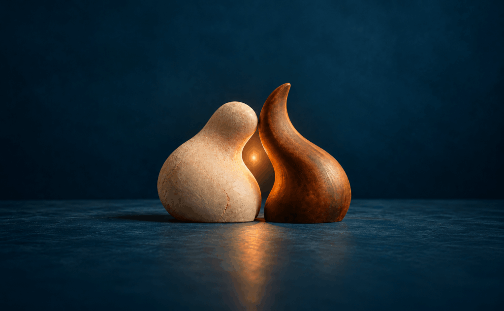Deux formes sculptées en pierre et en bois qui se rapprochent, une lumière douce entre elles : illustration de l’intimité et du lien en sexothérapie à Saint-Selve