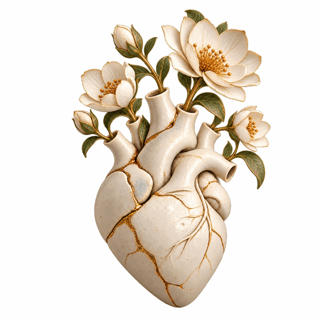 Cœur en porcelaine réparé à l’or (kintsugi) d’où éclosent des fleurs blanches : symbole du lien qui se répare – thérapie de couple et accompagnement individuel HEURIPSY