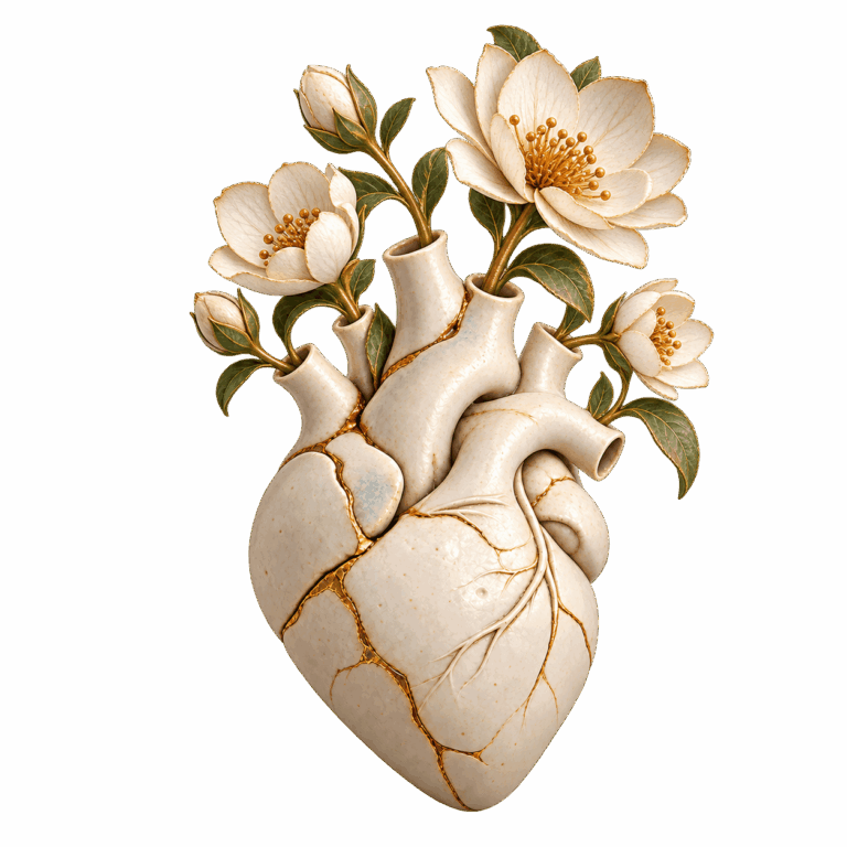 Cœur en porcelaine réparé à l’or (kintsugi) d’où éclosent des fleurs blanches : symbole du lien qui se répare – HEURIPSY
