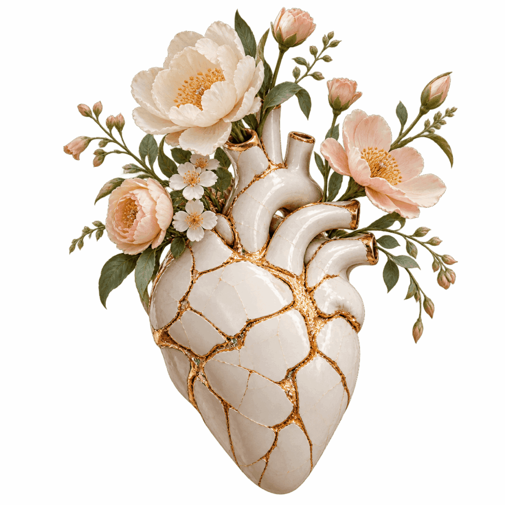 Cœur en porcelaine réparé à l’or (kintsugi) entouré de pivoines roses et blanches : symbole de l’épanouissement retrouvé – HEURIPSY