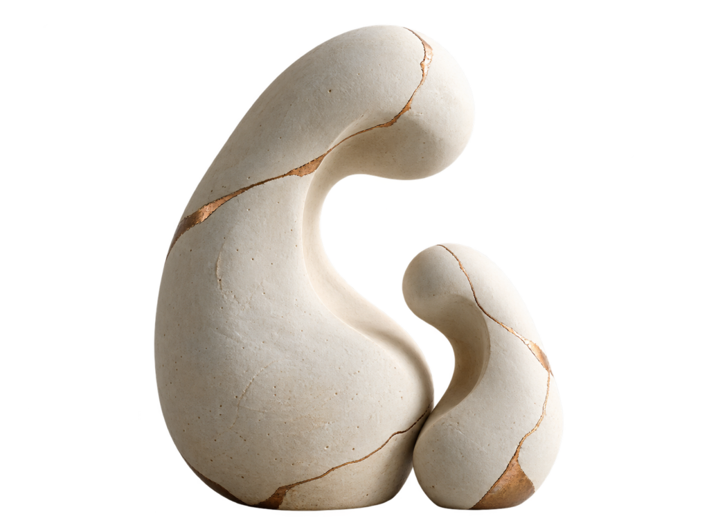 Grande et petite sculptures en céramique réparées à l’or (kintsugi), blotties l’une contre l’autre : la relation parent-enfant en guidance parentale à Saint-Selve