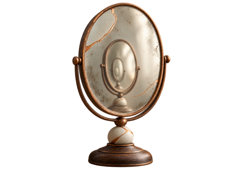 Miroir ancien réparé à l’or dont le reflet se répète à l’infini : quand être parent réveille sa propre histoire