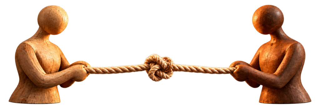 Deux personnages en bois tirent chacun sur une corde nouée entre eux : illustration des tensions et des nœuds dans le couple – thérapie de couple HEURIPSY