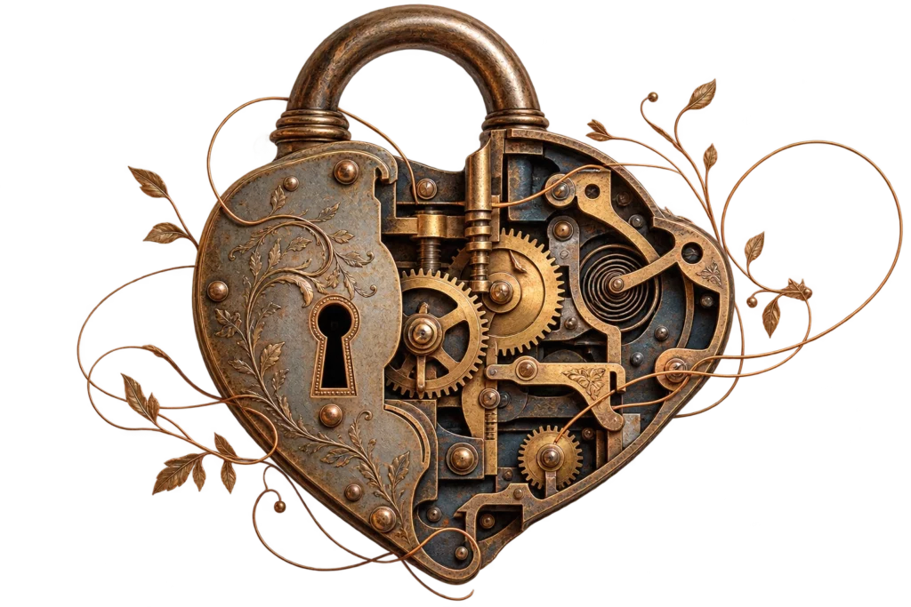 Cadenas ancien en forme de cœur, ouvert sur ses mécanismes internes