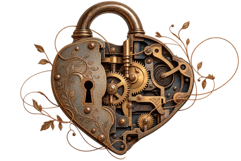 Cadenas ancien en forme de cœur, ouvert sur ses mécanismes internes