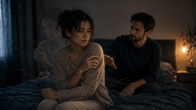 Femme se raidissant lorsque son partenaire se rapproche, métaphore d'une réaction de protection réactivée dans le couple.