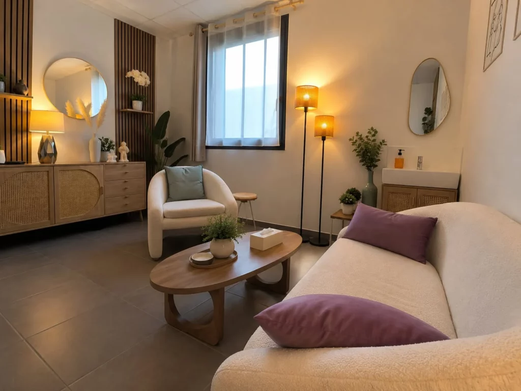 Cabinet HEURIPSY à Saint-Selve : fauteuil blanc, canapé crème aux coussins mauves, table basse en bois et lumière douce
